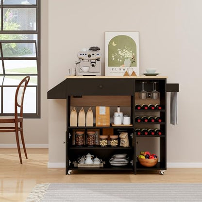 Giantex Rolling Kitchen Island Cart with Drop Leaf, Power Outlet, Spice Rack, 12 Wine Rack, Glass Holder, Drawer, Storage Cabinet, Towel Rack, Island Table for Breakfast Coffee Bar (Black & Natural) - color: Black & Natural