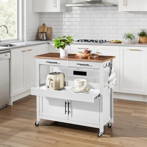 Best Choice Products 36in Large Rolling Kitchen Island Cart, 2-Door Cabinet, 2 Drawers, Pull-Out Shelf, Power Outlet, Hooks, & Swivel Lockable Wheels - White - style: White