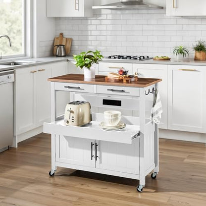 Best Choice Products 36in Large Rolling Kitchen Island Cart, 2-Door Cabinet, 2 Drawers, Pull-Out Shelf, Power Outlet, Hooks, & Swivel Lockable Wheels - White - style: White
