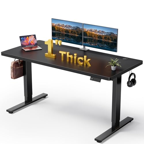 Electric Standing Desk Adjustable - 60x28 Inch Sit Stand Desk with 1 Inch Thick Tabletop, Double Beam Frame, 3 Memory Height Adjustment, Cable Management for Home Office - color: Black Top / Black Frame, size: 60 x 28 Inch