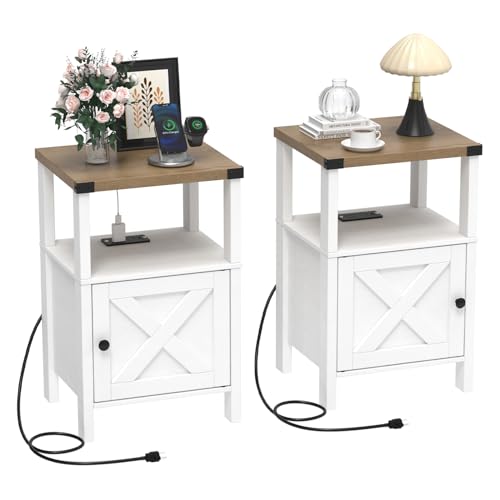 Farmhouse Nightstands with Charging Station, Rustic Vintage Side End Table with Storage, Wood Side Table with Barn Door for Bedroom Living Room Set of 2,White - color: White, size: 15.8"D x 13.8"W x 23.8"H