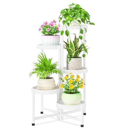 iDavosic.ly 5 Tier Folding Plant Stand Indoor Outdoor with Plastic Tray, Tiered Corner Flower Holder Shelf, Metal Orchid Display Rack for Patio Porch Living Room Garden Balcony, White - color: White, size: 5 Tiers
