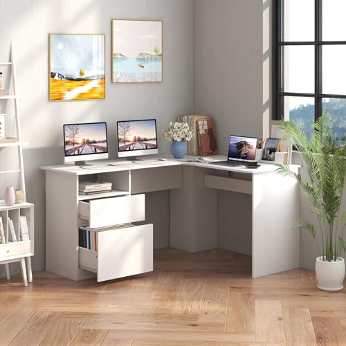 GOFLAME L-Shaped Desk, 59" Corner Computer Desk with File Drawer & Open Shelf, Large Workstation w/ 2 Cable Management Holes, Writing Study Desk for Home Office, White