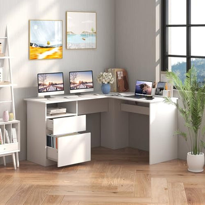 GOFLAME L-Shaped Desk, 59" Corner Computer Desk with File Drawer & Open Shelf, Large Workstation w/ 2 Cable Management Holes, Writing Study Desk for Home Office, White
