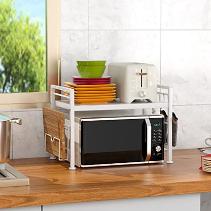 YIUKEA Extendable Microwave Oven Rack - Adjustable Kitchen counter shelf, 2 Tier Microwave Stand (L15.7~23.6" xW12.8 xH17.7) with 6 Hooks for Kitchen Countertop Organizer (White) - color: White