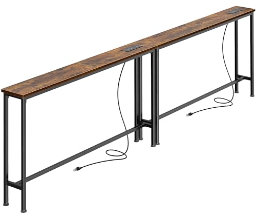 SUPERJARE 86.6 inch Narrow Console Table with Outlet, Sofa Tables, Behind Couch Table, Long Entryway Tables with Charging Station, for Living Room, Rustic Brown - color: Rustic Brown, size: 5.9''D x 86.6''W x 29.7''H