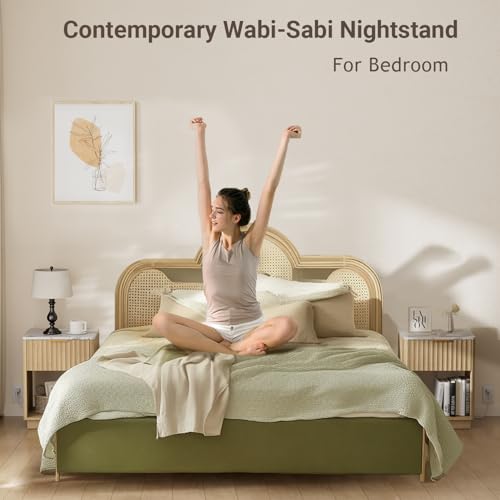 Fluted Nightstand, Night Stand Set 2, Nightstands Set of 2 with Charging Station and Faux Marble Top, Wooden End Table with Drawer, Modern Bedside Table for Bedroom Living Room, Natural Oak - color: Natural Oak + Faux Marble Top, size: 1 Drawer（18"W）