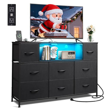 WLIVE Black Dresser TV Stand for 45, 50, 55 inch TV, Entertainment Center with LED Lights & Charging Station, Chest of Drawers with 8 Fabric Drawers and Open Shelves for Living Room, Hallway, Wood Top - color: Black