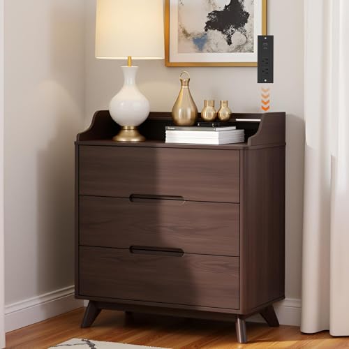 35" Large Night Stand with Charging Station, 3 Drawer Spacious Drawers | Top Open Shelves, Pre-Installed Slide, Wood Bedside Table, Modern End Table, Nightstand for Bedroom Sofa Couch,Brown - color: Brown, size: Large (3 drawer)