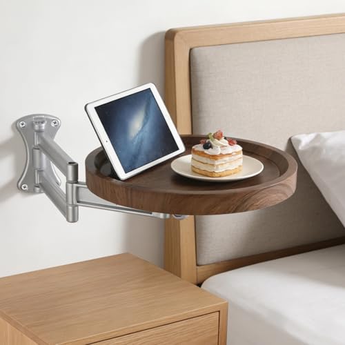 Wall Mounted Bedside Shelf, 11 in Round Floating Table for Wall, Foldable Side Tray with Swing Arm Bracket, Space Saving Nightstand Desk for Bedroom, Sofa, Small Study Corner