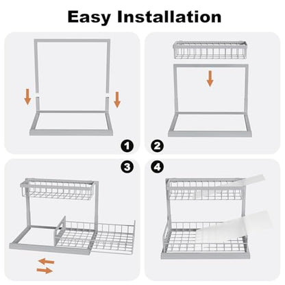 REALINN Under Sink Organizer, Pull Out Cabinet Organizer 2 Tier Slide Out Sink Shelf Cabinet Storage Shelves, Storage for Kitchen Bathroom, Grey, 2 Pack | For Kitchen and Bathroom, Slide Out Under Cabinet Storage, Metal Under Sink Storage with Sliding Dra