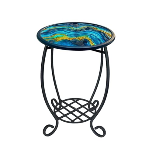 LIFFY Patio Side Tables,14" Indoor Outdoor Metal Side Table with Glass Tabletop,Round Decorative Plant Stand & Accent Table for Garden, Yard, Balcony, Backyard, Porch - color: Dark Green-14 Inches