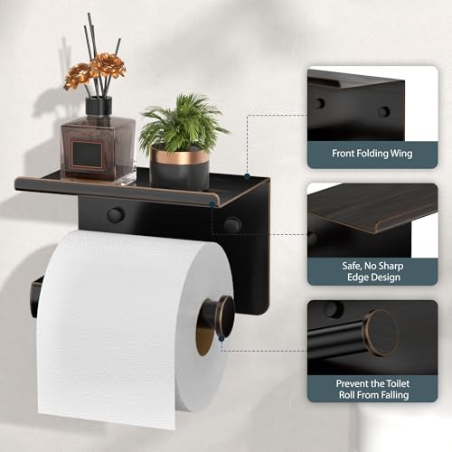 FORIOUS Toilet Paper Holder with Shelf, Adhesive or Screw Wall Mount Toilet Paper Roll Holder for Bathroom, SUS 304 Stainless Steel Commercial Toilet Tissue Holder Dispenser, Oil Rubbed Bronze - color: Oil Rubbed Bronze