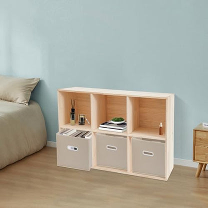 6 Cube Bookcase, 2-Tier Solid Wood Storage Organizer, Floor Standing Display Cabinet Bookshelf with 3 Fabric Baskets, Back Panels for Bedroom, Living Room, Office 35.4"W X 11.8"D X 23.6"H (Wood)