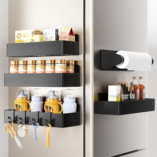 Mystozer Magnetic Spice Rack for Refrigerator,5 Pack Magnetic Shelf,Fridge Magnet Organizer with Paper Towel Holder,Fridge Organizers and Storage Black(5 Pack) - color: Black, size: 5 Pack