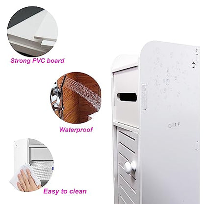 Small Bathroom Storage Cabinet, Over The Toilet Storage Cabinet for Skinny Bathroom Floor, Slim Toilet Paper Storage with Double Doors & Shelves - White