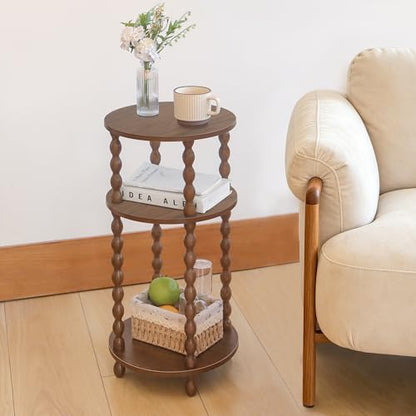 AWASEN Small Round End Table, Round Side Table with 3-Tier Open Shelf for Small Spaces, Wood Accent Table Nightstand for Bedroom, Living Room, Office, Walnut Brown - color: Walnut Brown