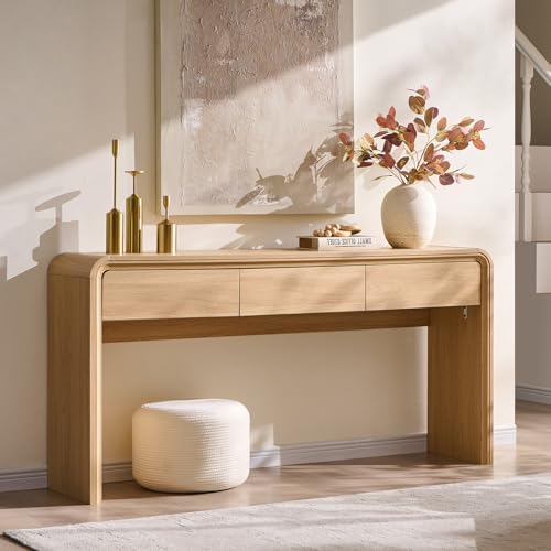 Aitjunz 63'' Console Table with 3 Drawers, Modern Entryway Table with Curved Profile Design, Narrow Long Wood Sofa Table Behind Couch Table for Living Room, Hallway, Foyer, Natural - color: Natural
