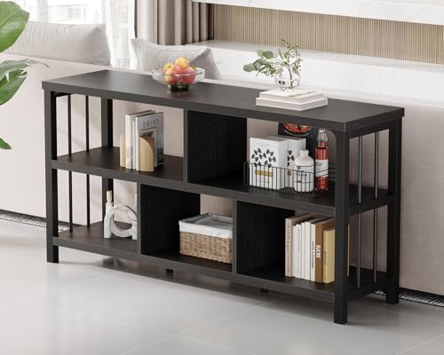IBF 55” Black Wide Bookshelf, Industrial Low Horizontal Bookcase, Black Oak | 3 Tier Open Book Shelf, Wood and Metal 5 Cube Storage Organizer, Long Wooden Cubby Bookcase for Home Living Room Bedroom - color: Black Oak, size: 55 inch