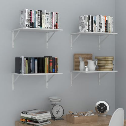 Deep Floating Wall Shelves - 4 Sets of 12 Inch Wide White Wood Shelves for Bathroom, Bedroom, Kitchen, Living Room - color: White Shelves