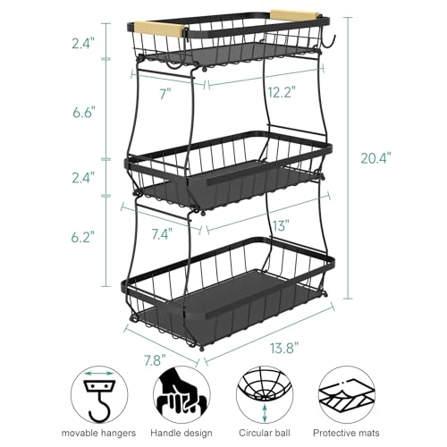 Sevenblue 3-Tier Fruit Basket with Banana Hangers, Detachable Metal Bowl | Wooden handle, protective mats included. Versatile holder for bread, snacks, and veggies. Large 3 tier metal design. - color: Black, size: 3 Tier Standard