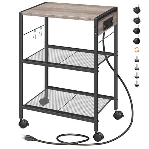 HOOBRO Industrial Printer Stand, 3-Tier Mobile Printer Table, Rolling Cart with Power Outlets and USB Ports, Home Printer Stand with 2 Hooks, for Office, Living Room, Greige and Black BG22UPS01 - color: Greige + Black