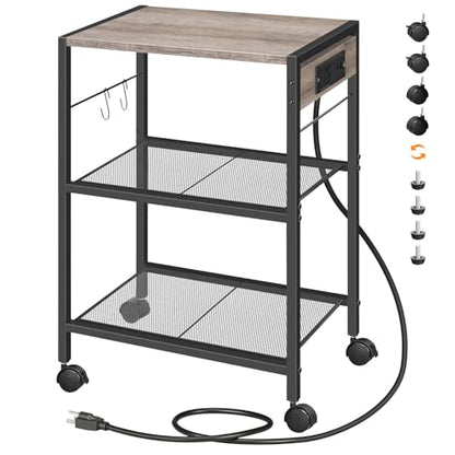 HOOBRO Industrial Printer Stand, 3-Tier Mobile Printer Table, Rolling Cart with Power Outlets and USB Ports, Home Printer Stand with 2 Hooks, for Office, Living Room, Greige and Black BG22UPS01 - color: Greige + Black