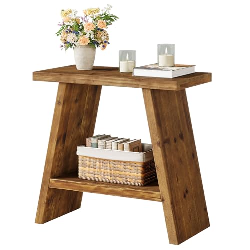 Solid Wood End Table for Living Room, Narrow Small Side Table with 2-Tier Storage, Farmhouse Bedside Nightstand for Bedroom, Small Places, Rustic Brown (1PCS) - color: Rustic Brown