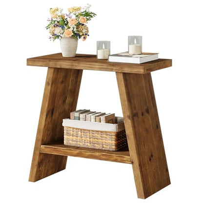 Solid Wood End Table for Living Room, Narrow Small Side Table with 2-Tier Storage, Farmhouse Bedside Nightstand for Bedroom, Small Places, Rustic Brown (1PCS) - color: Rustic Brown