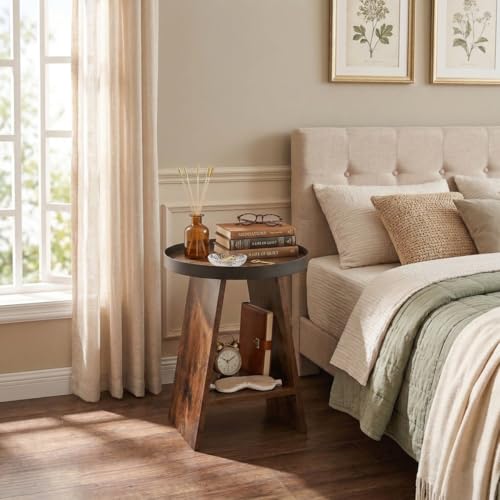 Round End Table with Tray Top, 2-Tier Rustic Side Table with Storage Shelf, Modern Farmhouse Industrial Wood Nightstand for Living Room, Bedroom, Small Spaces (Rustic Brown) - color: Rustic Brown