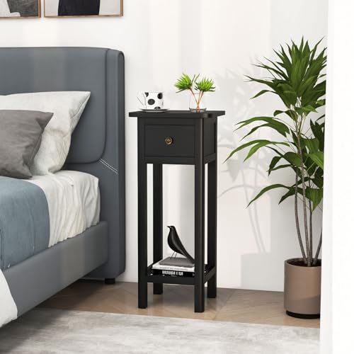 Giantex Narrow End Table with Drawer, Tall Acacia Wood Side Table with Bottom Shelf, Modern Bedside Tables, 2-Tier Nightstand for Small Spaces Bedroom Living Room, No Assemble Required, Black - color: Black