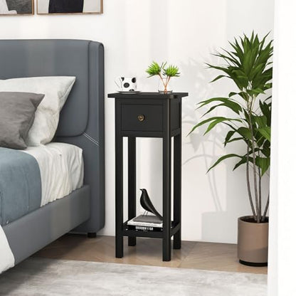 Giantex Narrow End Table with Drawer, Tall Acacia Wood Side Table with Bottom Shelf, Modern Bedside Tables, 2-Tier Nightstand for Small Spaces Bedroom Living Room, No Assemble Required, Black - color: Black