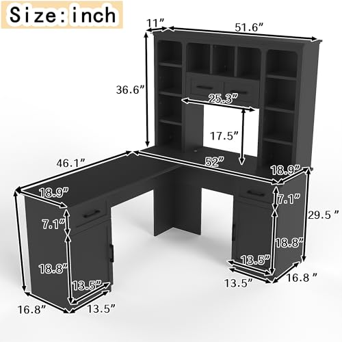 Bellemave L-Shaped Computer Desk with Drawers, Hutch and Bookshelf, Home Office Desk, Corner Gaming Computer Desk with Power Outlet, Study Table Writing Desk, Black - color: Black