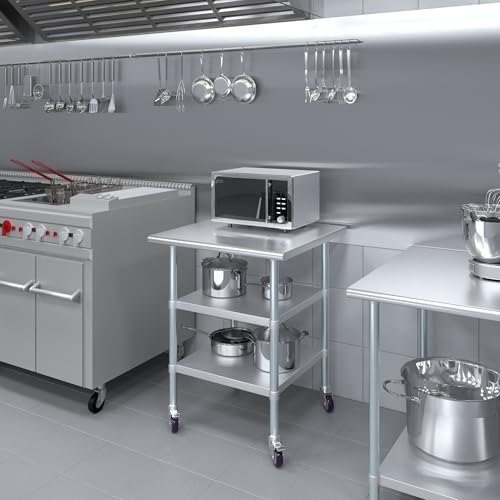 AmGood Stainless Steel Work Table with 2 Shelves and Casters | Metal Utility Table On Wheels (Stainless Steel Work Table with 2 Shelves + Casters, 30" Long x 30" Deep) - size: 30" Long x 30" Deep