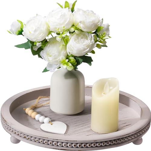 Handmade Wooden Decorative Tray, Small Beaded Coffee Table Tray Decor, Grey Round Decorative Tray for Coffee Table, Dining Room Table Entryway and Living Room Table - color: Gray