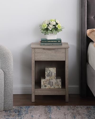 Nightstand with Drawer,3-Tier End Side Table with Storage Drawer and Shelf,Modern Bedside Night Stand for Bedroom, Living Room-Retro Rustic Grey - color: Rustic Grey, style: 1 Drawers