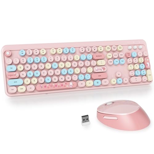 GTSP Typewriter Pink Keyboard and Mouse Wireless, Full-Size Colorful Cute Office Keyboard 2.4GHz with Number Pad for Desktop Laptop and PC (Colorful Pink) - color: Colorful Pink