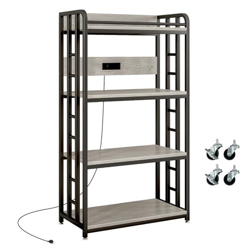 METYERRY Adjustable 4-Tier Heavy Duty Kitchen Baker's Rack with Power Outlet, with Industrial Wheels, Free Standing Microwave Oven Cart Stand for Storage in Living Room, Garage, Greige - color: Greige