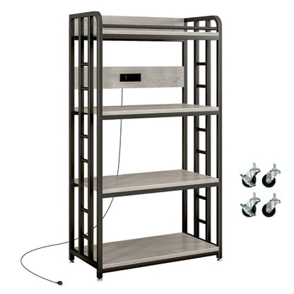 METYERRY Adjustable 4-Tier Heavy Duty Kitchen Baker's Rack with Power Outlet, with Industrial Wheels, Free Standing Microwave Oven Cart Stand for Storage in Living Room, Garage, Greige - color: Greige