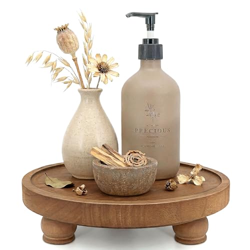 EOSAHR Farmhouse Wood Risers for Bathroom Decor - Decorative Pedestal Tray for Your Kitchen and Home - Rustic Round Waterproof Display Stand Organize for Your Soap, Plants, Jewelry, Perfume(Brown) - color: Brown