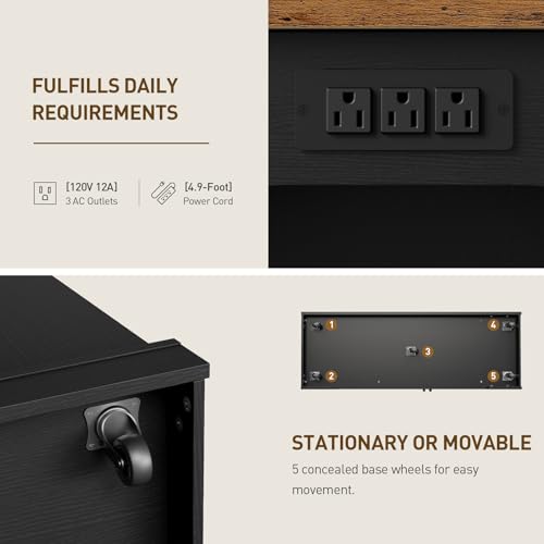 RALGEND Kitchen Island with Power Outlet & Drop Leaf, Rolling Storage Cart with Trash Storage Cabinet, Farmhouse Mobile Island Table for Kitchen, Dining Room, Hidden Casters, Black and Rustic Brown - color: Black + Rustic Brown