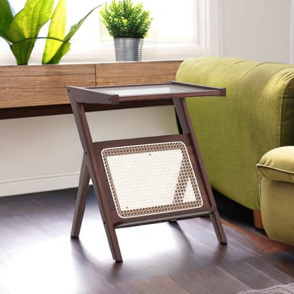 Tiita Rattan Nightstand Side Table, Bamboo Accent Bedside Tables, Glass Coffee Tables, Boho Wooden End Table with Storage for Small Space, Living Room and Bedroom - color: Rattan-s-brown