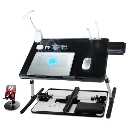 iXTRA Laptop Lap Desk Include Cooling Fan,Adjustable Lap Desk with Light Fan,Folding Laptop Desk for Bed with USB,Bed Desk with Storage Drawer 60 * 40cm,Black - color: Black+holder,60*40cm