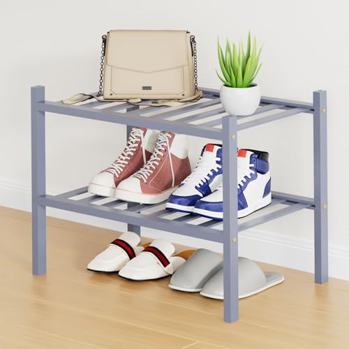 Smiry Bamboo Shoe Rack, 12 Vertical Slats, 2 Tier - 17.3" Wide, Grey | Stackable Free Standing Wooden Shoe Organizer, Wood Shoe Storage Shelf for Closet, Entryway - color: Grey, size: 17.32" Wide - 2 Tier - Regular