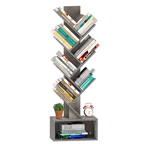Yoobure Tree Bookshelf - 6 Shelf Retro Floor Standing Bookcase, Tall Wood Book Storage Rack for CDs/Movies/Books, Utility Book Organizer Shelves for Bedroom, Living Room, Home Office, Grey - color: Grey