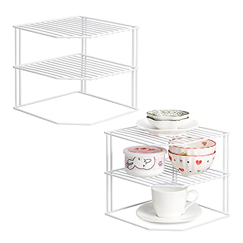 ROFAY Kitchen Cupboard Organiser, 3 Tier White Corner Plate Rack for Kitchen Cupboard Storage - Cupboard Shelf Insert Organiser (Pack of 2)