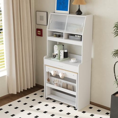 Spaco 2-in-1 Folding Dining Table and Buffet Cabinet Set,Compact Pull-Out Kitchen Table with Wheels,Storage Shelf and Side Hooks,Multifunctional Cupboard for Small Place (White & Oak) - color: White & Oak