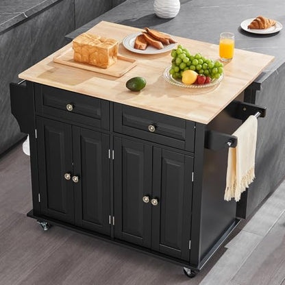 VEVOR Kitchen Island Cart, 35" Wood Top Mobile Carts with Storage Cabinet, Rolling Table with Drop Leaf, Spice Rack, Towel Bar, Adjustable Shelf, Drawer, and Hooks, Portable Islands on Wheels, Black - size: 35.4" W Drop Leaf, style: 2 Drawers & 4 Doors