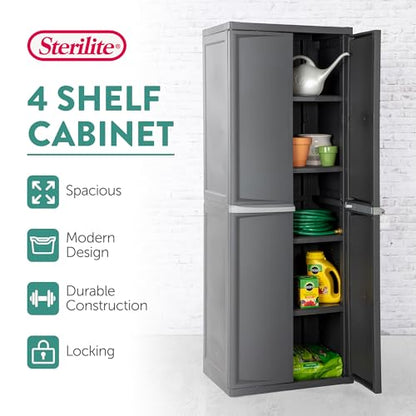 Sterilite 4 Shelf Cabinet, Lockable Utility Storage w/ Adjustable Shelves, Gray - Plastic Shelving Unit for Organizing Garage, Pantry, Basement, Laundry Room or Mudroom