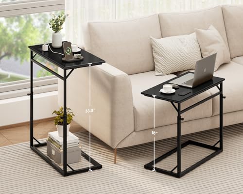 Vagusicc C Shaped End Table with Charging Station, C-Table End Table Adjustable Height Side Table for Couch, Large Couch Tables,Slide Under Sofa Tables TV Tray Arm Tables for Living Room,Bedroom,Black - color: Black, style: With Plug